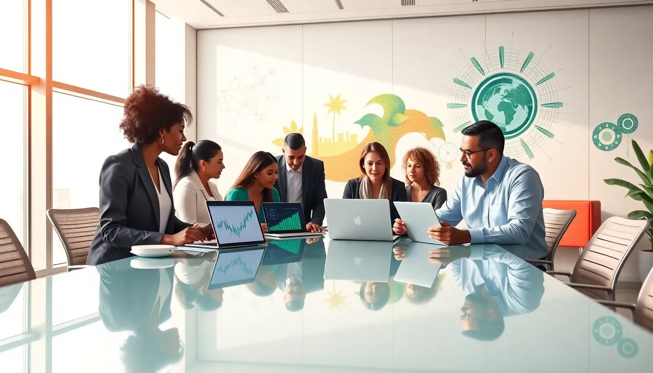diverse team collaborating in a modern office setting representing innovation.
